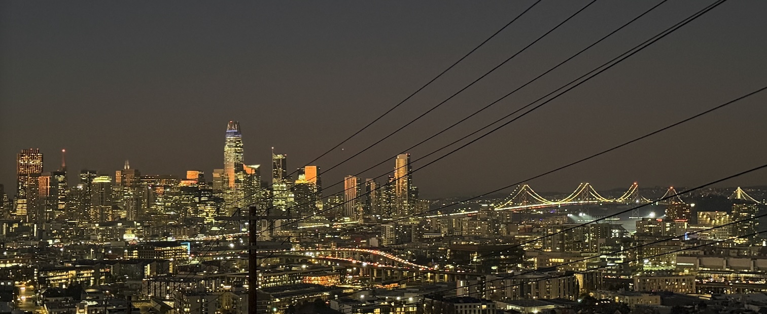 San Francisco skyline and Bay Bridge at night